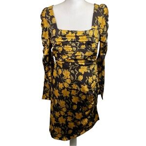 Floret Studios | Brown Yellow Floral Shirred Asymmetrical Dress
